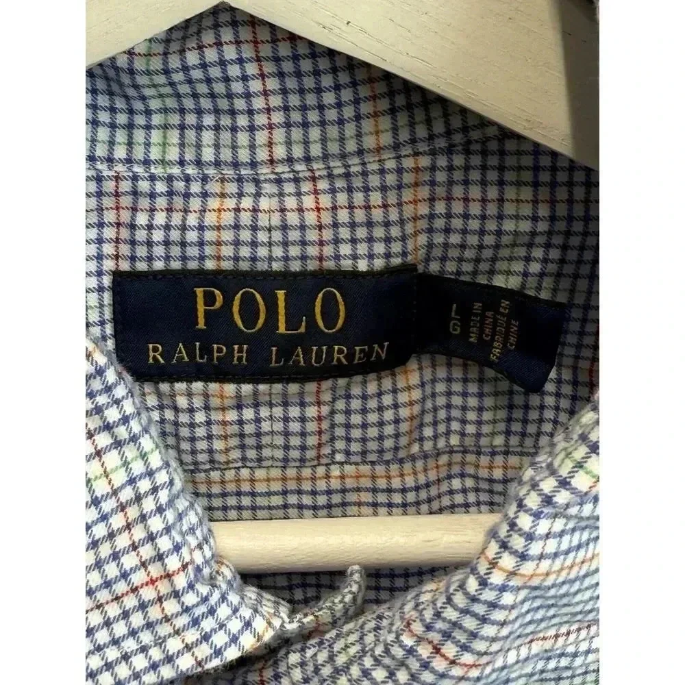 Polo Ralph Lauren Men's Sz Large Blue Plaid Long Sleeve Cotton Button Up Shirt‎